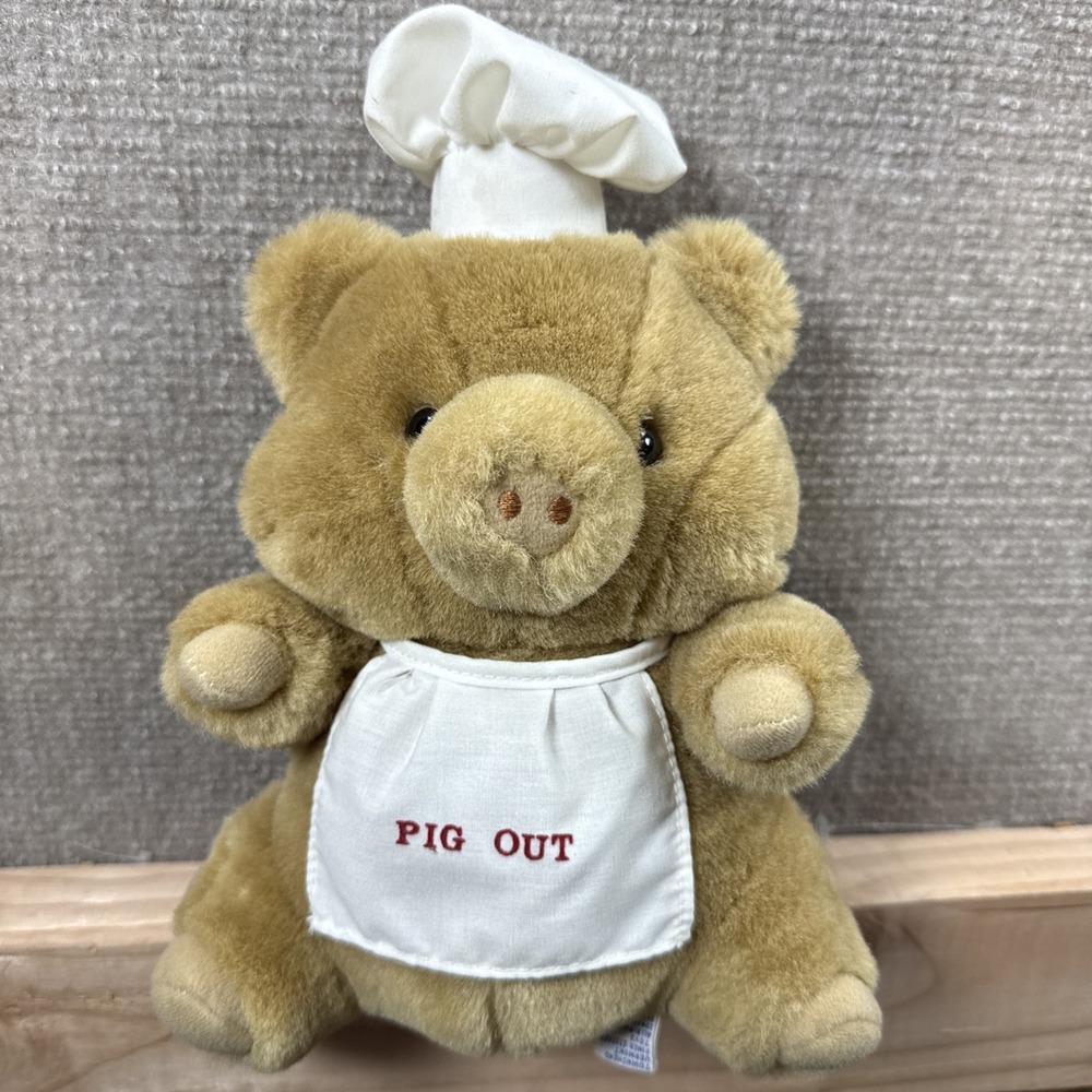 Rare Vintage 9" 1990s MARY MEYER PLUSH Chef Pig With "Pig Out" Apron W/ Chef Hat